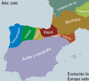 mapa con la extensión de los lenguas en el sur de Francia y península con el euskera, lingua navarrorum, en el año 1000 d.C